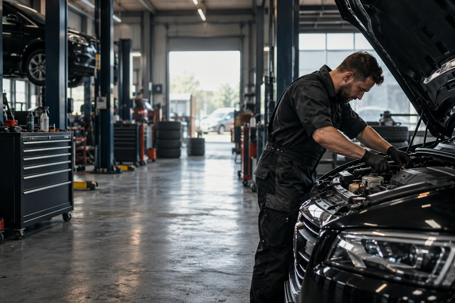 Mechanic inspecting a vehicle in a workshop